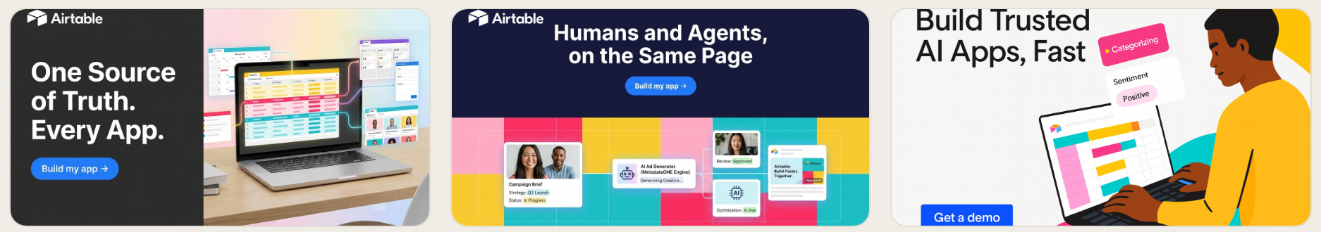 Three ad creatives generated by Metadata on the Airtable brand