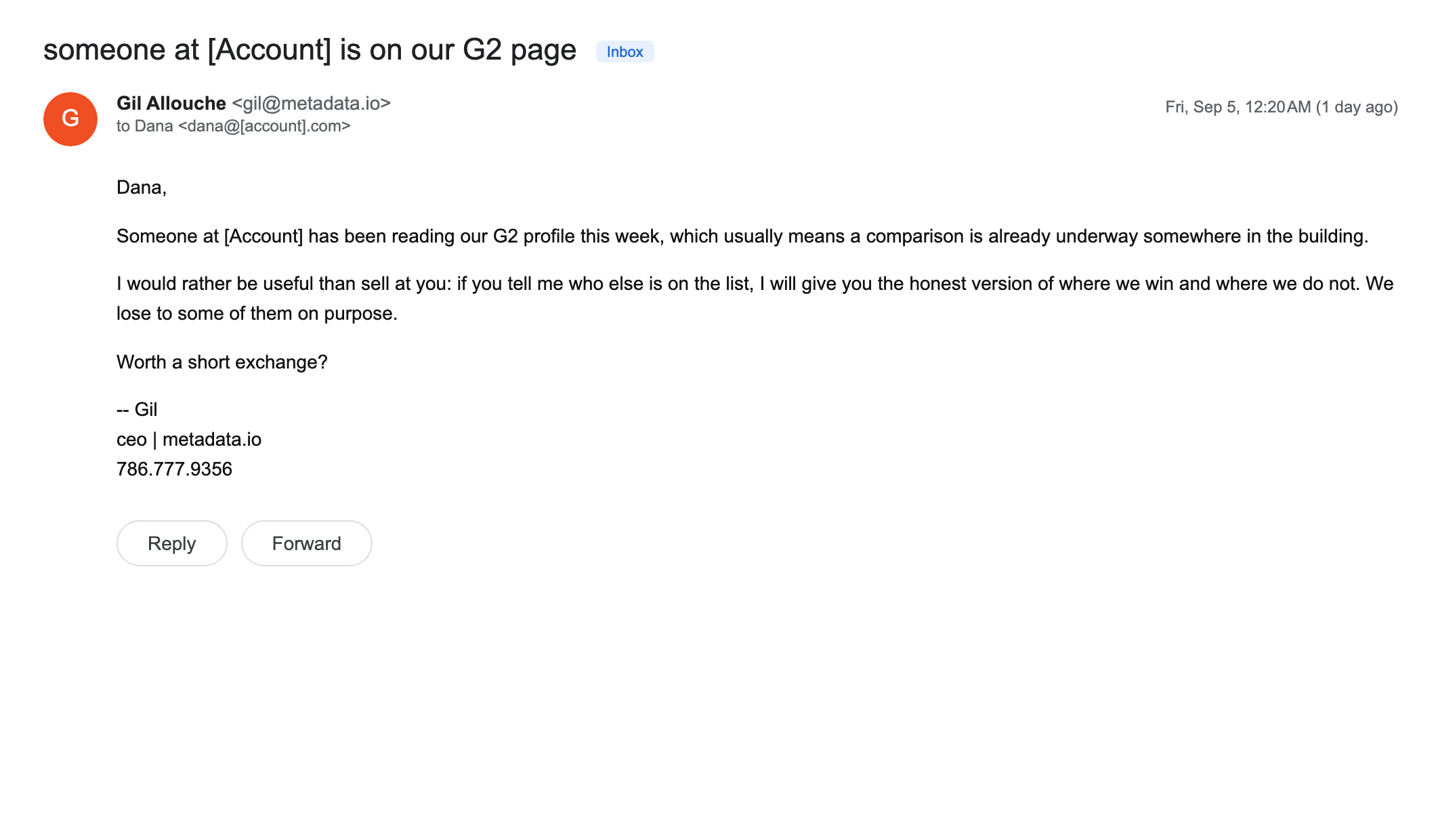 The real sent email in Gmail, recipient anonymised